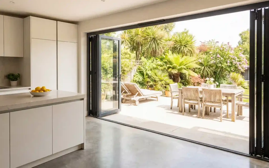 Wide bi-fold glass patio doors opened from a kitchen onto a landscaped garden
