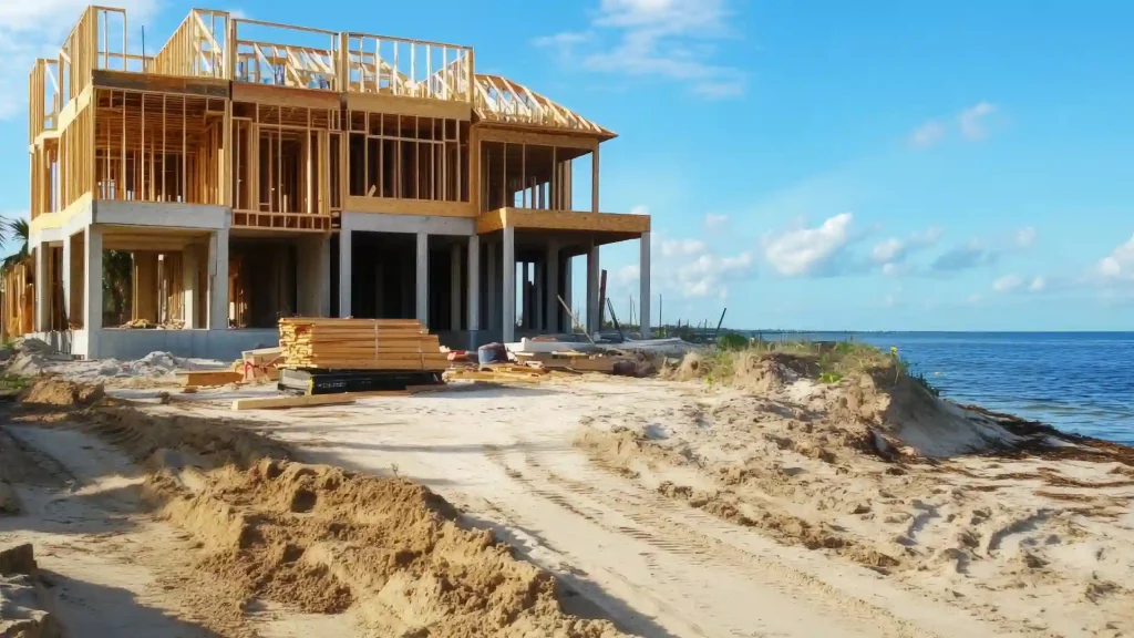 Two-story timber frame of a new custom home under construction on a coastal lot