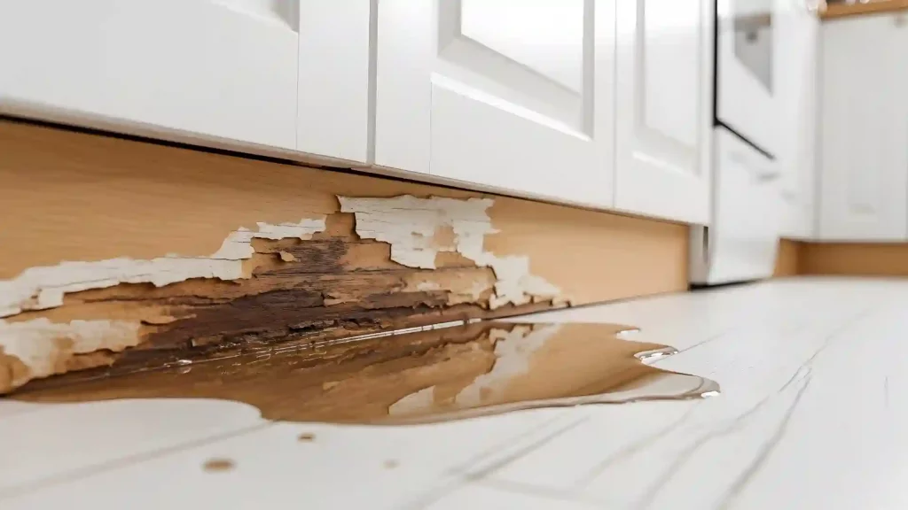 Water-damaged kitchen cabinet base swollen and delaminating above standing water on the floor