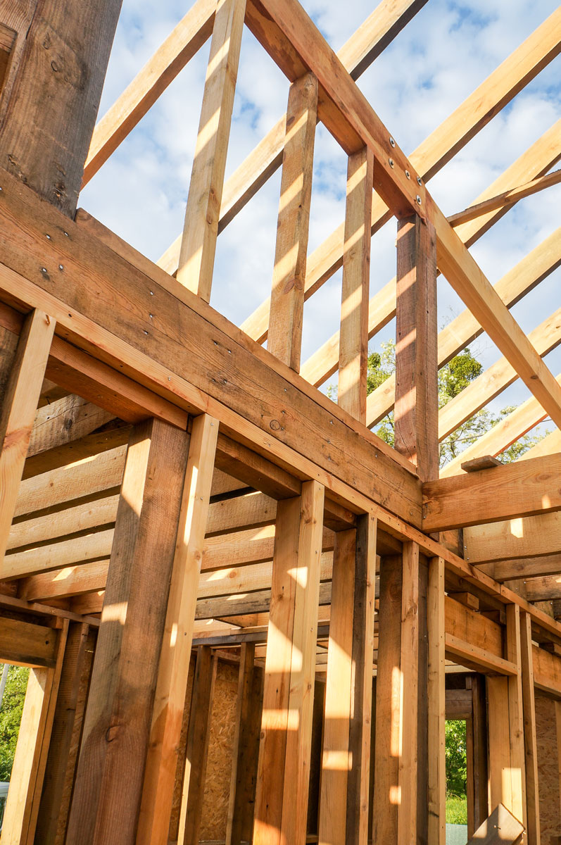 Structural wood framing during custom home construction in Culver City, CA