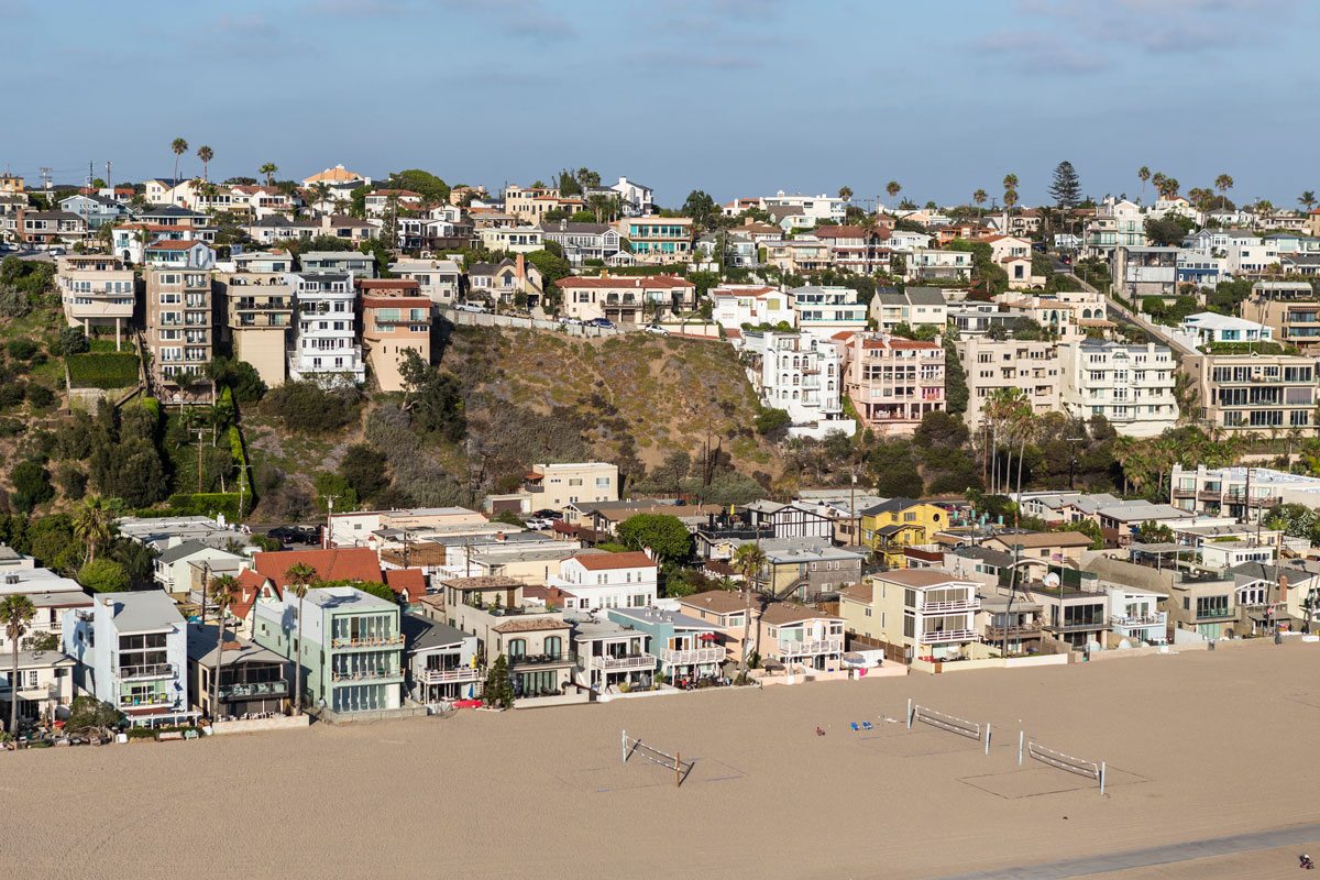 Aerial view of Playa Vista, California, featuring modern homes, surrounding neighborhoods, nearby beaches, and the Ballona Wetlands.